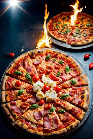 photo RAW,(top view,pizza,explosive splashes of fire,grilled, falling apart, oozing,bacon, mozzarella, basil, bell pepper,), masterpiece, award winning photography, natural light, perfect composition, high detail, hyper realistic,lens flare,Timeless Elegance, Classic Tones, Refined Lighting, depth of field,sharp focus