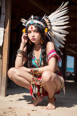 arafed woman in a feather headdress standing on the beach, feather native american headgear, feathered headdress, american indian headdress, headdress, native american, native rich jewelry, wearing a native american choker, tribal style, she has feathers, tribal clothing, wearing crown of bright feathers,( provocative indian), ornate headdress, chicken feather armor, ((squatting))