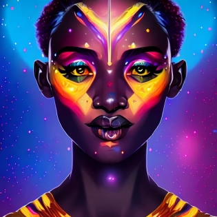 pop art, portrait, nebula solar flare warrior Evie Jasmine, black skin, colorful makeup, symmetry, 105mm, ultra-detailed, fine details, sci fi, nebula background, Agnes Cecile, 8k