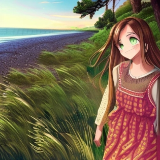 a cute anime girl, long bronze brown hair, green eyes, cute freckles, full round face, soft smile, cute sundress, golden hour, serene beach setting, medium shot?square image