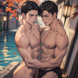NSFW, Boys love, gay, no clothes, Two boys in love with each other, sexy boys, muscular Boys,, naked,, Masculine features, masculine, twinks, Lumpy, Japanese traditional, embarrassed face, pectoral muscles, abdominals, Cool atmosphere, Stylish, Luxurious, Maples