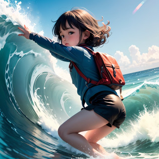 a little lovely kid girl?Hair over the shoulder?Surfing by the sea?Surrounded by waves?And schools of fish