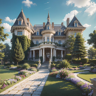 (Photo-realism), (Best quality, masterpiece, full of details), mansion with two towers, many trees, Colorful garden, flower pots, old mansion, white stone path, green grass, blue sky, sunshine, brown brick mansion, ultra HD