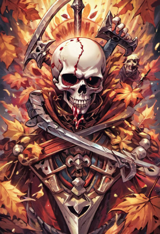 a close up of a skull with a dagger in its head,autumn leaves,impacting skull,broken teeth,fantasy skull,spooky full color detailed art,4k scary full color art,holy skull,psychedelic background conjuration,detailed digital art, blood, sacred skulls, psychedelic illustration, textured skull, skull face, death skull, scary color art, , psychedelic art style