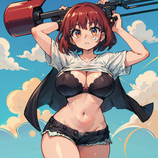 masterpiece, 4k, detailed, extreme detailed, hd, cowboy shot, jean shorts, short shorts, red hair, ginger hair, freckles, thick, wide hips, large breasts, slim waist, thick thighs, short red hair, navel, navel shown, massive drooping breasts, giant enormous breasts, panties, whale tail, whale tail panties, holding shirt up, flashing, grabbing shirt up, grabbing shirt, bra, exposing bra, black bra underneath, t shirt, white t shirt, holding t shirt up and flashing bra