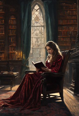 oil painting of a young woman with long hair in a velvet dressing gown sitting in a tall wingback chair reading a large book, in a gothic library, gloomy dramatic lighting, deep shadows, classical color palette, ultra detailed, elegant, fine art, evocative,Gustave Moreau, Sargent, Alphonse Mucha, Abstract Expressionism