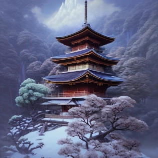 japanese style shrine on top of a misty mountain overgrown, snowy mountain, falling snow, inverted cloud inversion mist, purple and blue icy hues, hyper realistic, lush gnarly plants, 8 k, denoised, by greg rutkowski, tom bagshaw, james gurney cinematic lighting