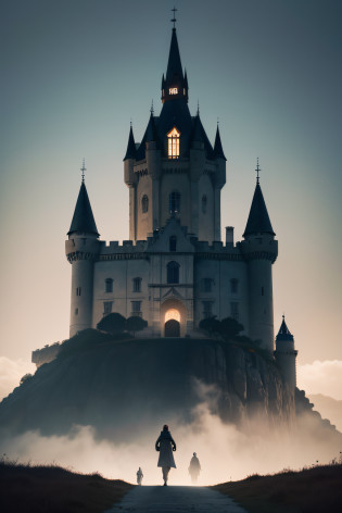 castelo assombrado, envolto em trevas, onde sombras sinistras se escondem nas profundezas, throwing a shiver down the spine of anyone who dares to look at him. A lua cheia, envolta por nuvens negras, casts a pale light on the castle
