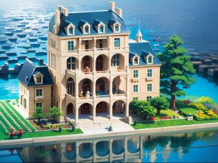 magnificent mansion on top of a hill in the middle of a lake, all made out of Lego. Use vibrant and eye-catching colors to bring the Lego bricks to life, highlighting the intricate details and architectural elements of the mansion. Surround the mansion with a beautifully crafted Lego lake, complete with ripples and reflections. Add lush vegetation and vibrant flowers to the hillside, creating a picturesque landscape. Pay attention to small details, such as windows, doors, and decorative elements on the mansion, to enhance its charm. Overall, create a visually captivating and whimsical Lego scene that showcases the grandeur of the mansion and the creativity of the Lego medium --auto --s2