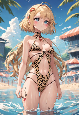 1girl wearing __color__, {houndstoot| leopard| water ripples| tiger| Geometric| Dot| Flower| heart| Stripe} pattern micro bikini (on the beach), solo, cute, teen, big breasts, (full body),
standing, contrapposto, blonde bob cut hair,
absurd-resolution, best quality, absurd detailed,