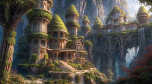 a wallpaper ultra wide angle, fantasy art, RPG art, (best Detailed: 1.5), CG  (UHD: 1.5), (photorealistic: 1.4), cinematic movie picture picture of an elven city built among the forest trees, a city of Forgotten Realms elves built in the forest, there are many houses built in the massive ancient forest woods, there are elven towers, a massive, elven fortress built on a hill near the city, (perfect architecture: 1.5) fantasy elven forest background, sunset, the sun is setting down there are some clouds in the sky, best details, best quality, 16k, (ultra detailed: 1.5), masterpiece, best quality, (extremely detailed), ultra wide shot, photorealism, depth of field, hyper realistic