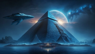 blue pyramid refletct over the nile , alien spaceship --ar 16:9 --q 2