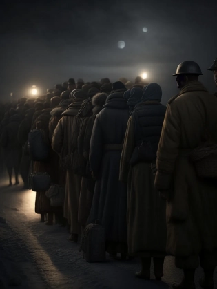 world war ii refugees waiting in line for a boat, chiaroscuro | Full body| highly detailed| hyperrealistic| comprehensive cinematic| best quality| ultra sharp focus| midnight, volumetric fog, moonlight