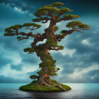 There is a tree standing on a small island, ancient tree, twisted tree, its trunk makes an S, bonsai tree, ancient wooden environment, magic tree, giant tree, highly detailed 8K digital art, fantasy tree, highly detailed scene, matte painting, dark background, closed night.