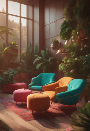 brightly colored chairs and ottomans in a brightly colored room, inspired by Mike Winkelmann, in the art style of filip hodas, with cinematic colour palette, by Mike Winkelmann, inspired by Filip Hodas, 3 d render beeple, beeple |, beeple rendering, in style of beeple, perfect maximalistic composition