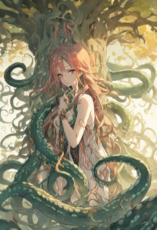 Tentacle demon tree, tentacle tree, plant tentacle, binding, devouring goddess, magic, tentacle trunk inlaid with a beautiful woman, inlaid with a woman kneeling in the tentacle tree fused with the demon tree, covered with tentacles, fine details. Anime. Tentacles, tentacles surrounding, wrapped around colored tentacles, some tentacles touching her, huge greasy tentacles and eyes, many sucked tentacles. Hybrid, biomechanical Oppein, many tentacles, densely packed tentacles, mucus and tentacles, twisted tentacles