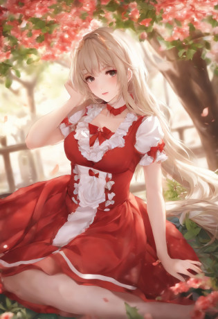 chica de cabello banco con vestido rojo sentada en la cama con flores en el cabello, Anime Girl Cosplay, seductora chica de anime, small curvy loli, Chica de anime en la vida real, Diosa del anime, Hermoso y atractivo anime adolescente, Loli en vestido, hermosa chica de anime, Anime de cosplay, Chica bonita de anime, Atractiva chica de anime, Hermosa y seductora mujer de anime, Anime hiperrealista, Diosa banca
