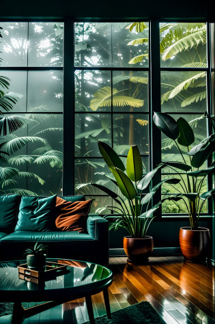 midcentury modern living room dimly lit with dark rainy evening outside, (foggy rainy evening:1.2), pacific northwest, (dim lighting:1.4), (moody lighting:1.2), plants, large plants, rainy, monstera, many plants, (foggy windows:1.2), masterpiece, best quality, twilight hour, (nighttime:1.4), rainy evening, after sunset,