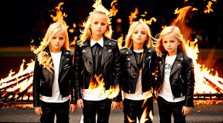 3 girls blonde children WITH STRAIGHT HAIR, BLACK LEATHER JACKET AND BLACK CLOTHING. PORTRAT STYLE, flames are glowing in the dark with a reflection of fire, flames of fire, flames in the background, fire and flames, flames in the background, place of fire roaring, flames of fire in the background, flames in flames, flames in the background, red flames in the background, fire and flames and smoke, fire in flames, many flames, flame and fire,  fire in the background, Multiple flames