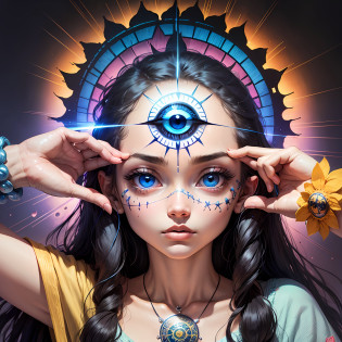 um desenho de um olho com uma flor e sol no meio, mystical third eye, abrindo o terceiro olho, mystic eye, hand drawn svg, terceiro olho, olhos brancos detalhados, globos oculares intrincados, olhos intrincados, Mystical Eyes, todos vendo olho, foco intrincado nos detalhes dos olhos, all - seeing eye, 3rd eye, third - eye visions, Design de tatuagem LSD. Fundo colorido e abstrato. Estilo realista. --auto