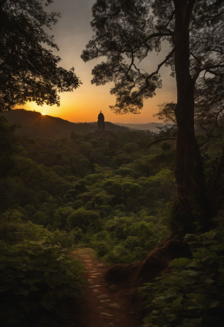 A twilight sky, tingido de tons suaves de rosa, laranja e azul, fundindo-se harmoniosamente enquanto retratam o entardecer de um dia. No canto superior direito, The golden sun is setting, enviando raios luminosos que penetram uma camada delicada de nuvens. No centro, The image of the two heroines of the story stands out, emerald and aria. They have their backs to the observer, Movendo-se para o desconhecido. esmeralda, with her long blonde hair that falls in gentle waves down to her waist, veste um manto verde esmeralda que ondula com a brisa suave. Ao lado dela, Faria, com cabelos castanhos e um manto azul celeste, Holds a magic stick, que irradia uma luz prateada, Lighting the Way Ahead. Both are on an ancient path, pedras musgosas estendendo-se para a frente, desaparecendo ao longe, in the middle of a fertile valley. De cada lado do caminho, there are lush green forests, com altura, towering trees, whose leaves are touched by the golden of the sunset, giving them a magical and ethereal aura. No horizonte, destaca-se a silhueta de um imponente templo antigo. The architectural details of the temple are bathed in the soft light of twilight, e a entrada do templo emite um brilho misterioso, as if inviting the heroines to the adventure that awaits them.