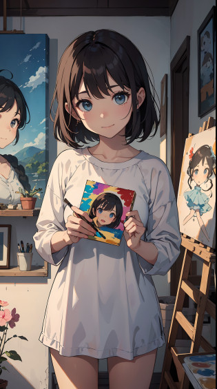 The illustration is?It depicts a touching moment when a pretty girl tries her hand at painting for the first time?She?Inside the art studio?Standing in front of the canvas?Pick up the brush?In those eyes?Mixed with anticipation and a little anxiety?

In the background?Masterpieces and art tools are meticulously drawn.?They enjoy this special moment even more?It makes you feel the possibilities?

The moment she brought her brush closer to the canvas?Its expression changes completely.? The first brush transferred color to the canvas?A sense of pure joy and accomplishment spreads across her face?By her creativity?It's like being filled with new colors and shapes?