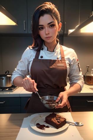 cozinheira profissional, chef, realista, ultrarealista, misturando com um whiskey um brownie de chocolate em uma tigela, cozinha, bancada de inox, cozinha profissional, ethics, tranquilidade, profissional.