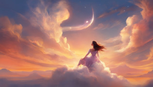 ?masterpiece, Highest Quality, MovieSteel, 1woman, Cloud Girl, Floating in the sky, close-up, brightness, happiness, Warm and soft lighting, sunset, Sleeping, Sleep on your stomach, sleep, eyes closed. (sparks:0.7)