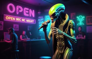 Style: Neon Punk, ? alien xenomorph squid reptilian gray; singing karaoke ? ?; ((( neon sign words 