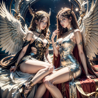 fantasy art, RPG art [[a picture of 2 women]], , a female angel (Masterpiece, 1.3, intricate details), wearing dress, pale skin, best details beautiful face (Masterpiece, 1.3, intricate details), blond hair, long hair wavy hair, blue eyes, high heeled boots, wearing a dress (Masterpiece: 1.3, intricate details), large angelic wings, white angelic wings spread [AND] a female demon (Masterpiece, 1.3, intricate details), demon, demonic wings, black demonic wings spread, demonic horns (Masterpiece, 1.3), red skin (Masterpiece, 1.3), black hair, red eyes, best details beautiful face (Masterpiece, 1.3, intricate details), wearing a dress (Masterpiece: 1.3, intricate details), high heels, in the border between heaven and hell, moon, stars, clouds, god rays, soft natural light silhouette, from outside, photorealism, panoramic view (Masterpiece 1.3, intense details) , Wide-Angle, Ultra-Wid