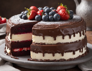 There is a chocolate cake with strawberries and blueberries, birthday cake, O Maior Bolo, bolo, delicioso, Bolos, arte do bolo, Perfectly detailed, 