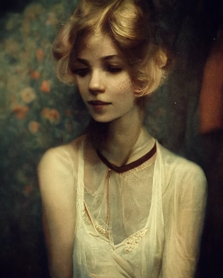 grainy autochrome photo of a gorgeous blond woman wearing a sheer white T-shirt and underwear :: soft, moody lighting, DOF :: in the style of editorial fashion photography --ar 3:4