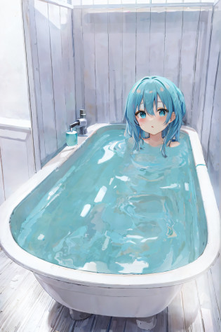 Bathtub anime girl with blue hair and blue eyes, hot flashes, Mikudayo, bathtub, wallpaper anime blue water, rimuru, anime girl with teal hair, underwater, anime style 4k, anime painter studio, shitao, bus, miku, remuri zero, anime!4k, anime!4k, pixiv 3dcg, steam,