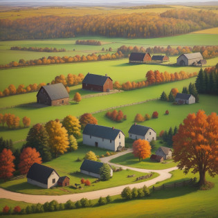 Country lifestyle, rural scene, rural farm, traditional farming, barn, rustic house, rural culture, winding roads, autumn-colored trees, painted in autumn colors, natural light, painted in oil, traditional painting, colorful details, focus on the characters, vibrant atmosphere.