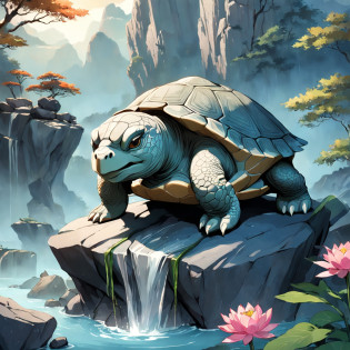 Turtle head granite statue?Xuanwu in Chinese mythology??The statue is made of gray granite, The statue is imposing?Below is the pond?Lots of lotus leaves?lotuses