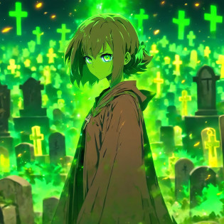 segurando uma bola brilhante, mago feminino, Estilo Necromante: Worn brown tunic, olhos verdes, um cabelo desarrumado. Background image of cemetery, Gender Female