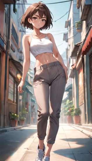 Beautiful young slim Spanish woman half body wide angle professional photo, One slim woman walking in natural pose, ((Front left photo)), (((Perfect slim and flat tummy display))), ((Brown Short Hair)), (((Grey Tight Waist Harlem Pants))), ((Crotch visible above the waist of harem pants)), ((White Tite Holter Crop Top)), cleavage, Power Round Breast, Thigh gap, Slim legs, ((Sexy slim waist show)), ((Hip display)), ((belly button showing)), Landscape nature background, Low depth of field, vanishing point, Bright light photography, Real Casual Photography, Natural Relaxing Poses, Realistic natural style, Centered, Symmetrical, Knee shot from the photo below, Wide Angle, Nikon Z9 35mm F1.8, David Lazare and Joel Santos