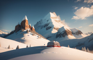 A snow-capped mountain?There is a red helicopter on the ground?There was a man standing next to him?There is a snowflake in the middle, a beautiful land art of a large, snow field, land art, Very artistic, Fractal engraving, with radiating hill, : Psychedelic ski resort, Psychedelic ski resort, snow dunes