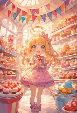 (A cute, Cartoon dessert characters?Has minimal human characteristics): Sweet and lively face, Round and shiny eyes, Cute little mouth, Soft and soft body, Extremely colorful?Vibrant appearance, adorable expression, The limbs are small and stout, Joy resonates with joy, Naughty and mischievous personality, A little clumsy?But full of charm, A touch of magic and wonder, Surrounded by desserts and sugary treats, A whimsical dessert wonderland, Fill with sweets, chocolate bar, and pastries, Sugar-coated fantasy world, Land where calories don't count, A delicious adventure in dessert paradise, Bright colors and a joyous atmosphere, Sweet aroma, With marshmallow clouds and lollipop trees as background, Cheerful and seductive presence, Dessert companion?Put a smile on everyone's face. (Best quality, High-res), A delightful blend of sweetness and cuteness, A masterpiece of confectionery art, Eye and heart care, Fascinating and coveted work, Light up the dessert companion for any day.