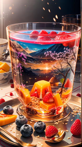 Healthy breakfast. Faceted glass, crystal, mother-of-pearl shimmers, Multi-colored highlights, Different play of light,  Muesli and berry yogurt, CocktailWorld, scenery, landscape, Street, Depth�of�field , ((blurred background)), Masterpiece, Best Quality, ultra detail, (((Multi-layered jelly))) glass, stained glass windows, Multi-colored sparks glare, tmasterpiece, Top Quality, Experience, Chic, Boho-chic, a gold, utensil, kettle, a cup, plate, crystals, with floral print,1 cup milk yogurt) 1 teaspoon vanilla extract of your choice, Chopped fresh fruits (For example, strawberries, kiwi, mango, blackberry, raspberry, cherry, carambola, blueberries, etc.) Marengo,