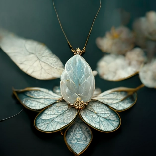 a delicate elvish moonstone and opal necklace on a velvet background, jewelry design, symmetrical :: intricate motifs, leaves, flowers :: 8k octane render, high-definition photography, product photography :: --no writing, signature, people, models, women, female, neck, chest, torso