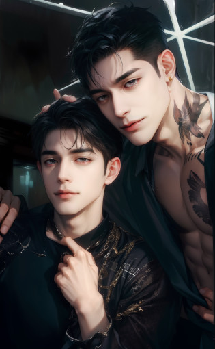 (absurdres, highres, ultra detailed),   1man hug 1man, (((multiple boys))), mature,   love,  hug, upper body,  gold and black hair, brown open eyes, 1 man has a tattoo on the neck