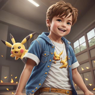 Smiling 6 year old boy short light brown hair from the sides and big on top, pikachu, ash, charizard, gengar, dragonite