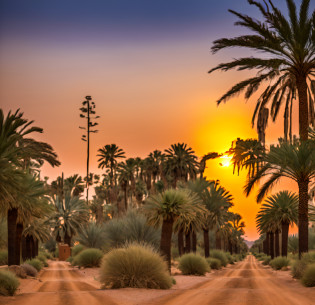 dirt road with palm trees and bushes on both sides of it, oasis in the desert, beautiful image, near the beach, marrakech, beautiful surroundings, date palm trees, desert oasis, arid mountains and palm forest, by Daniel Lieske, ???, standing next to desert oasis, moroccan, date trees, desert!!!!!!!!!!!, serene desert setting