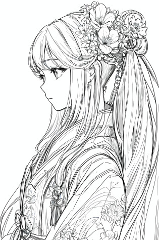 masterpiece, acura, doll, solo, hanfu, long hair, profile close-up, flower line drawing background, white background, monochrome, line drawing, ((sketch))
