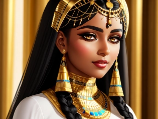a woman from Egypt, wearing a flowing white linen dress, her hair styled in thick black braids adorned with gold ornaments. Her eyes are lined with black kohl, and her skin glows with a golden sheen, reminiscent of the ancient pharaohs.