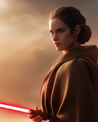 a jedi lord in the star wars universe, woman, detailed face, lightsaber, cinematic, hyper realistic, hyper detailed, night, moon, smooth, painting brust, highly detailed, digital illustration, uhd, 4k, photorealistic, rainy weather, depth of field, cinematic lightning