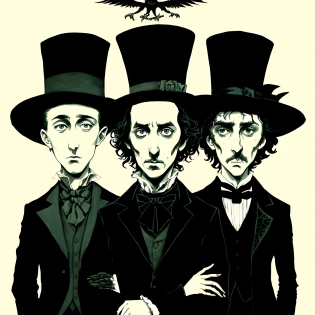 A portrait of Raven, Edgar Allan Poe, and H. P. Lovecraft seated in a dimly lit room, with a sense of brooding and introspection, digital illustration, highly detailed clothing and facial expressions, art by Edward Gorey and Tim Burton and Mike Mignola, with a subdued and muted color palette and a gothic style