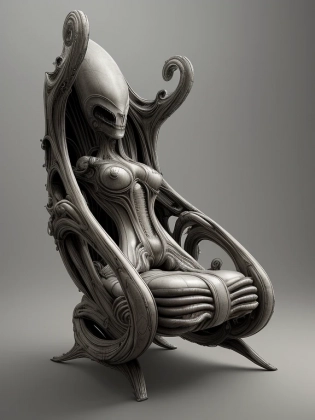 huge HR Giger style chair, concept furniture, painting on grey, hyper realistic, illustration, digital art, trending on artstation, highly detailed, fine detail, intricate, diagnal view