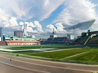 There is a man running on a runway on grass, meadows around the city, 1 0 0 meters in the distance, Japanese high school, ground view, buildings in the distance, buildings in the distance, shot with Sony Alpha 9, seen from the ground, rows of canteens in the background, stadium landscape, wide vista, ground - horizontal view, sky - sunset, clouds dyed red, the stadium emits sunset afterglow